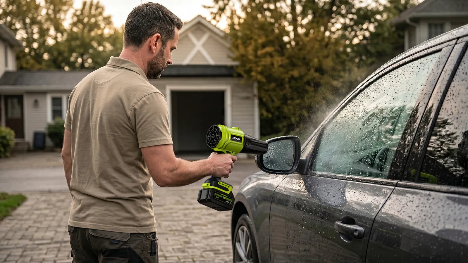 Man using FAOGO cordless air blower to dry wet car window and side mirror after car wash