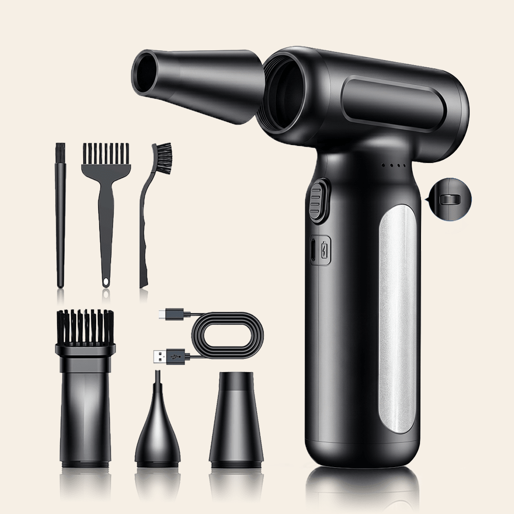 FAOGO rechargeable air duster blowing dust from keyboard