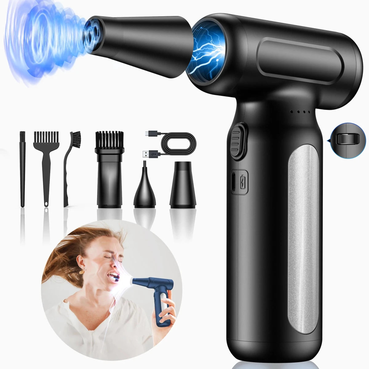 FAOGO rechargeable air duster blowing dust from keyboard