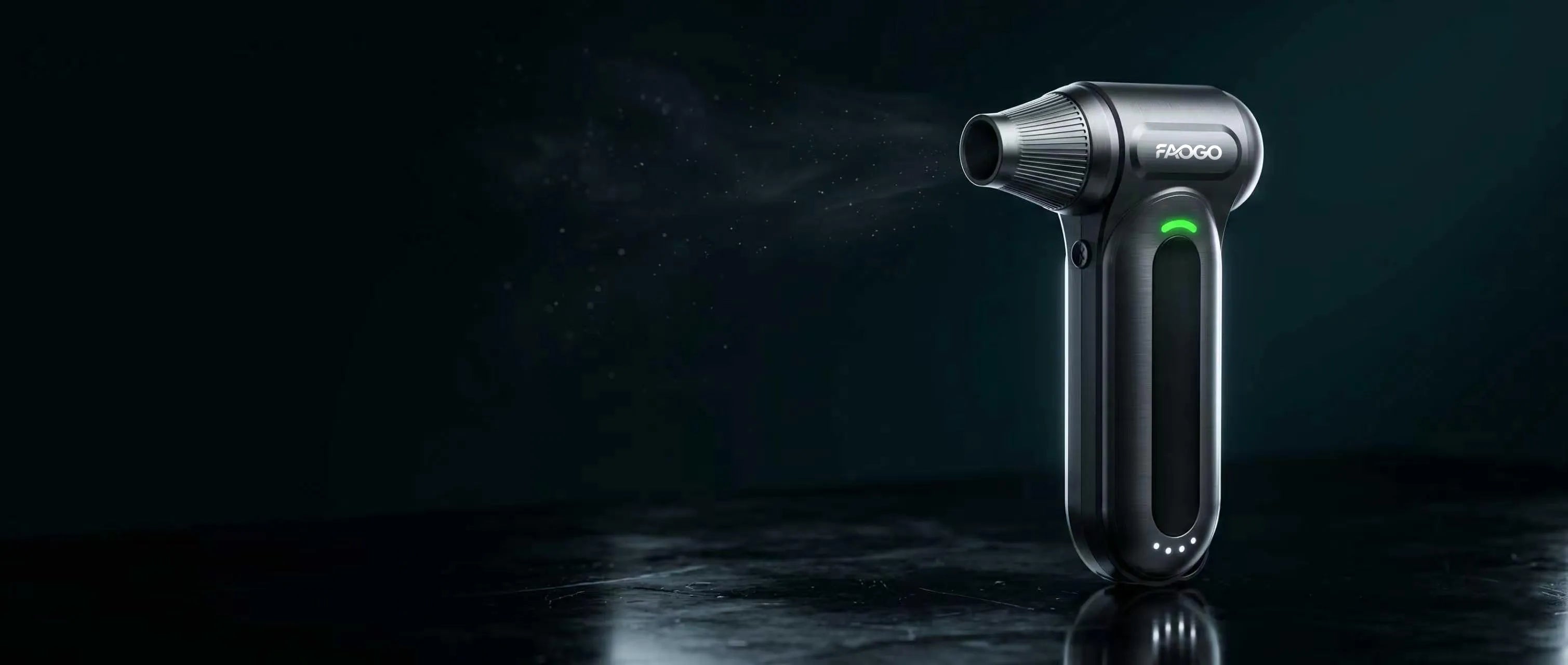 Sleek FAOGO mini turbo fan on a dark reflective surface