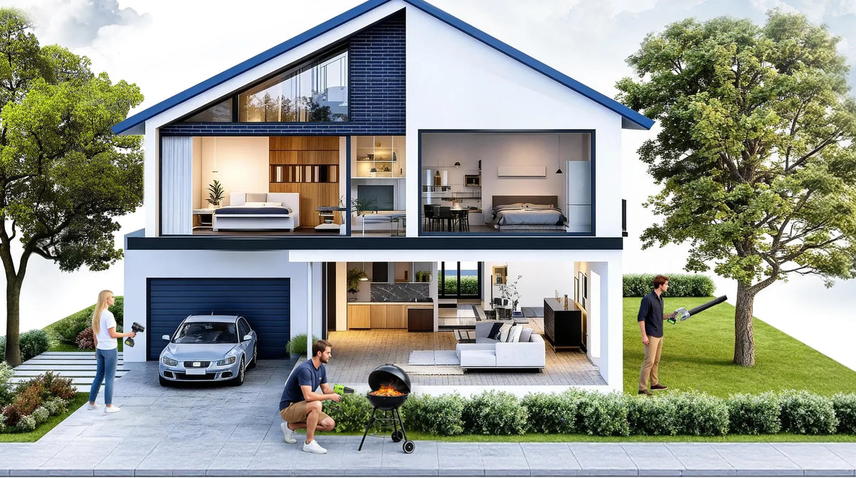 People using FAOGO cordless tools for car cleaning, BBQ prep, and yard work.