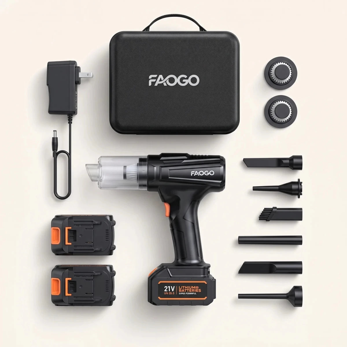 FAOGO 21V cordless vacuum kit on white background. Includes handheld unit, three batteries, charger, and seven attachments.
