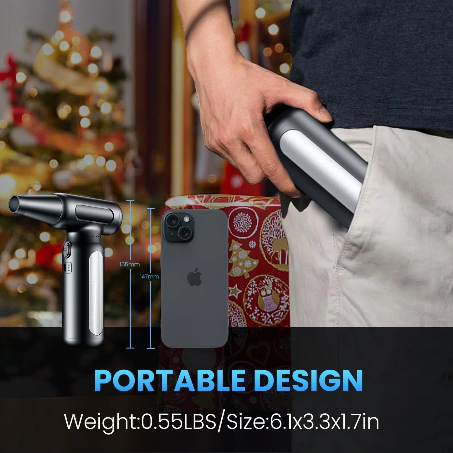FAOGO cordless air duster pocket-sized portable design - lightweight 0.55 lbs rechargeable blower for keyboard PC cleaning
