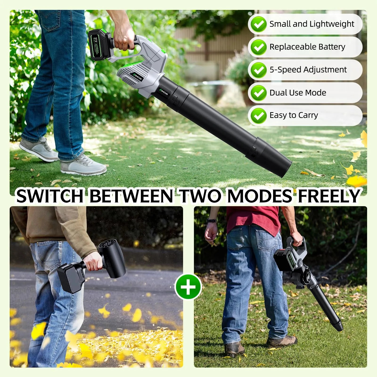 cordless leaf blower clearing leaves from yard outdoors
