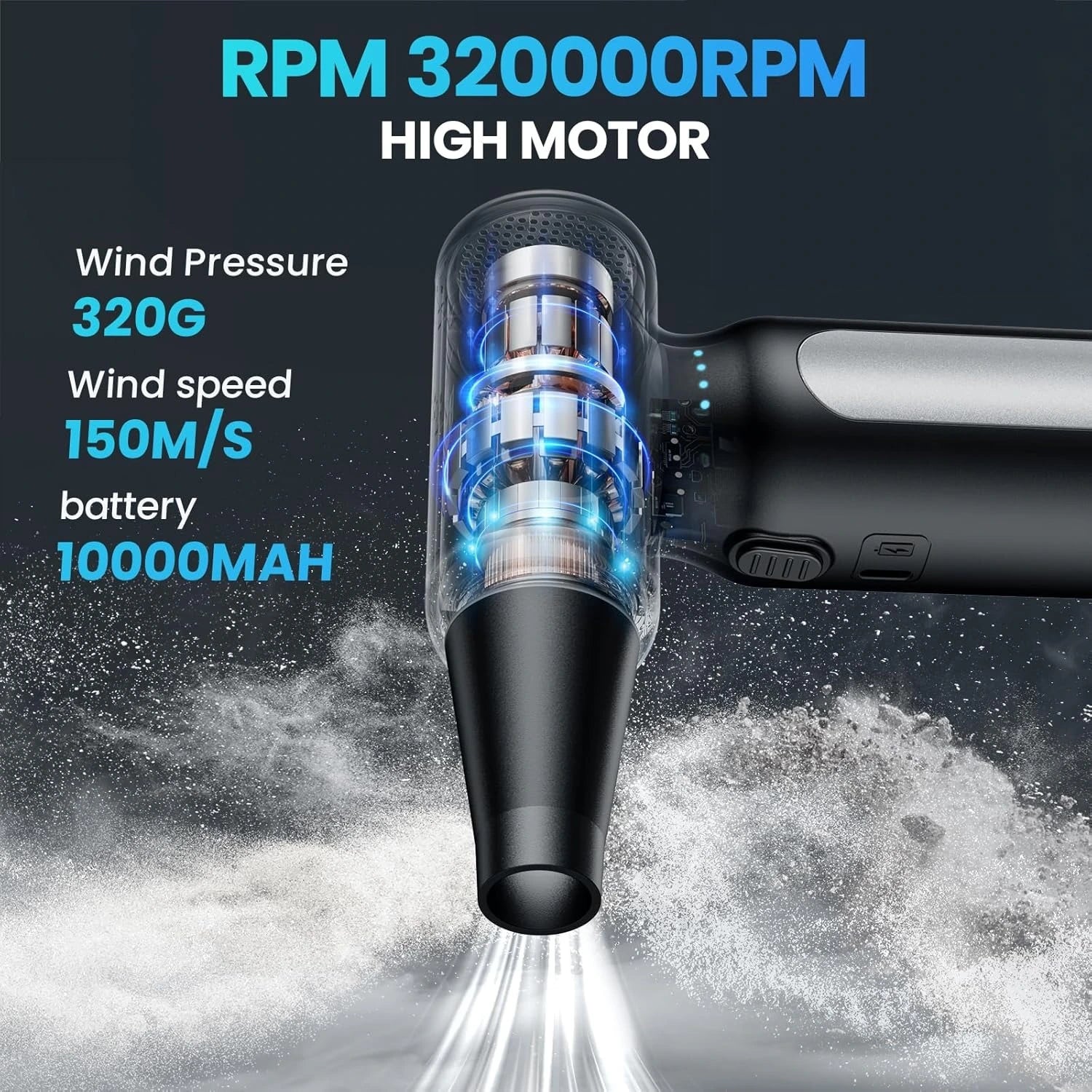 FAOGO cordless air duster blowing dust from PC - rechargeable 170,000 RPM electric blower for keyboard electronics cleaning