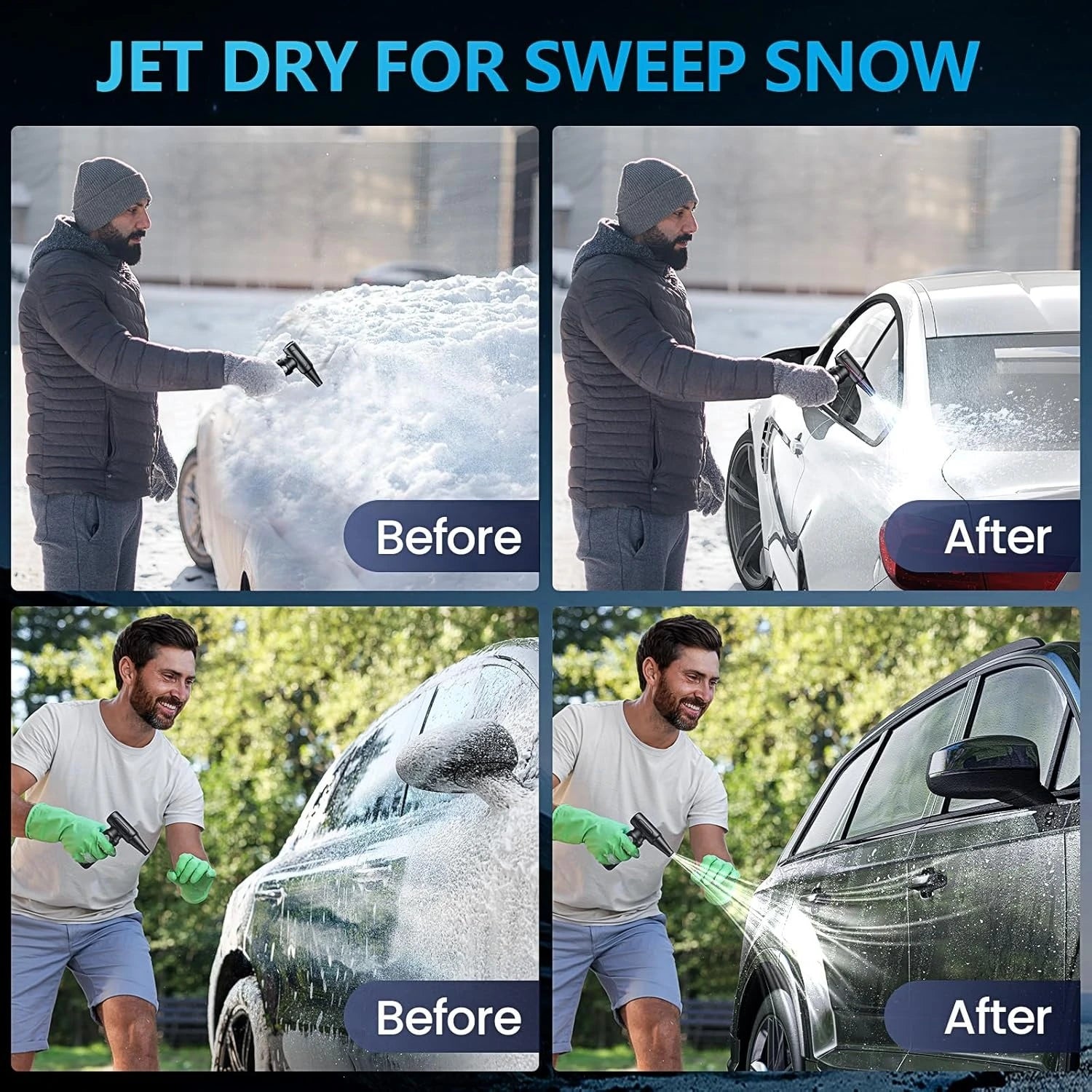 FAOGO cordless air duster jet dry for snow - before & after blowing snow off car, powerful 170,000 RPM rechargeable blower