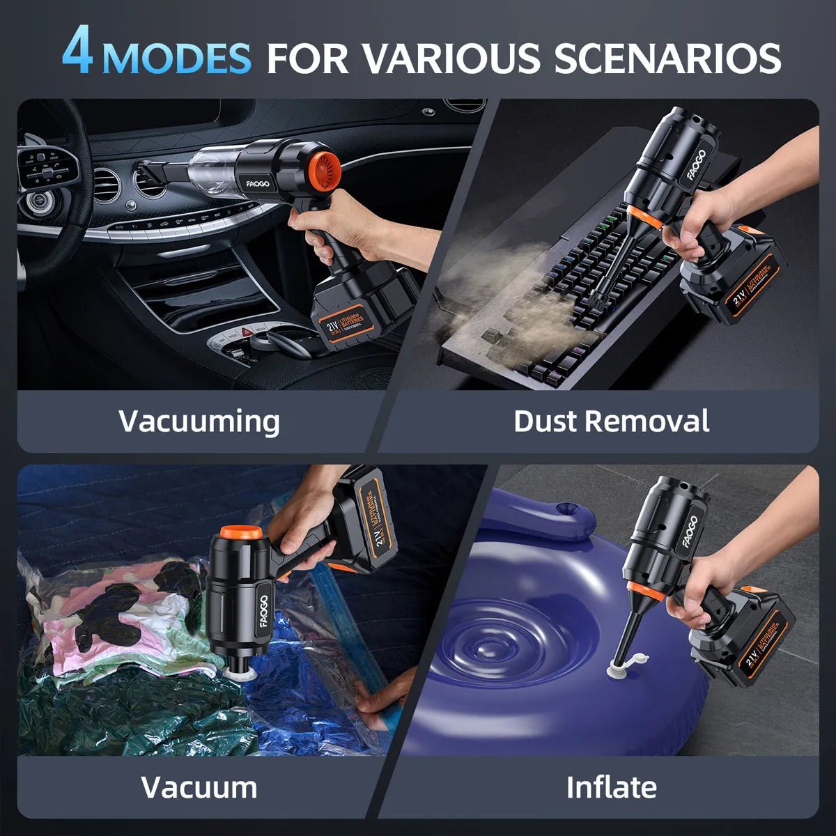 FAOGO 4-in-1 cordless car vacuum demonstrating vacuuming, dust removal, storage bag vacuum, and inflating modes.