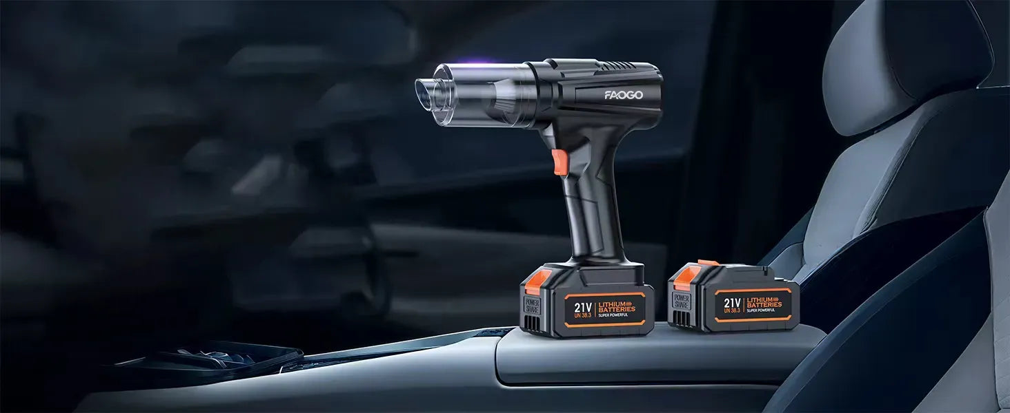 FAOGO 21V cordless car vacuum with two batteries. High-performance handheld cleaner for professional vehicle interior detailing.