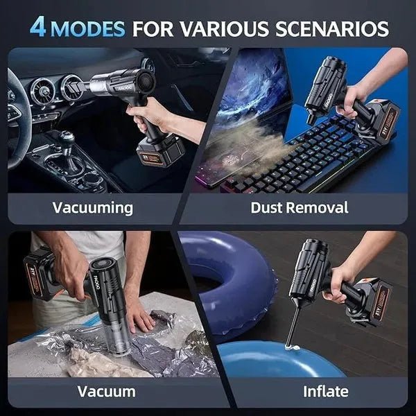 FAOGO 4-in-1 tool demonstration showing car vacuuming, keyboard dust removal, vacuum storage sealing, and balloon inflating.