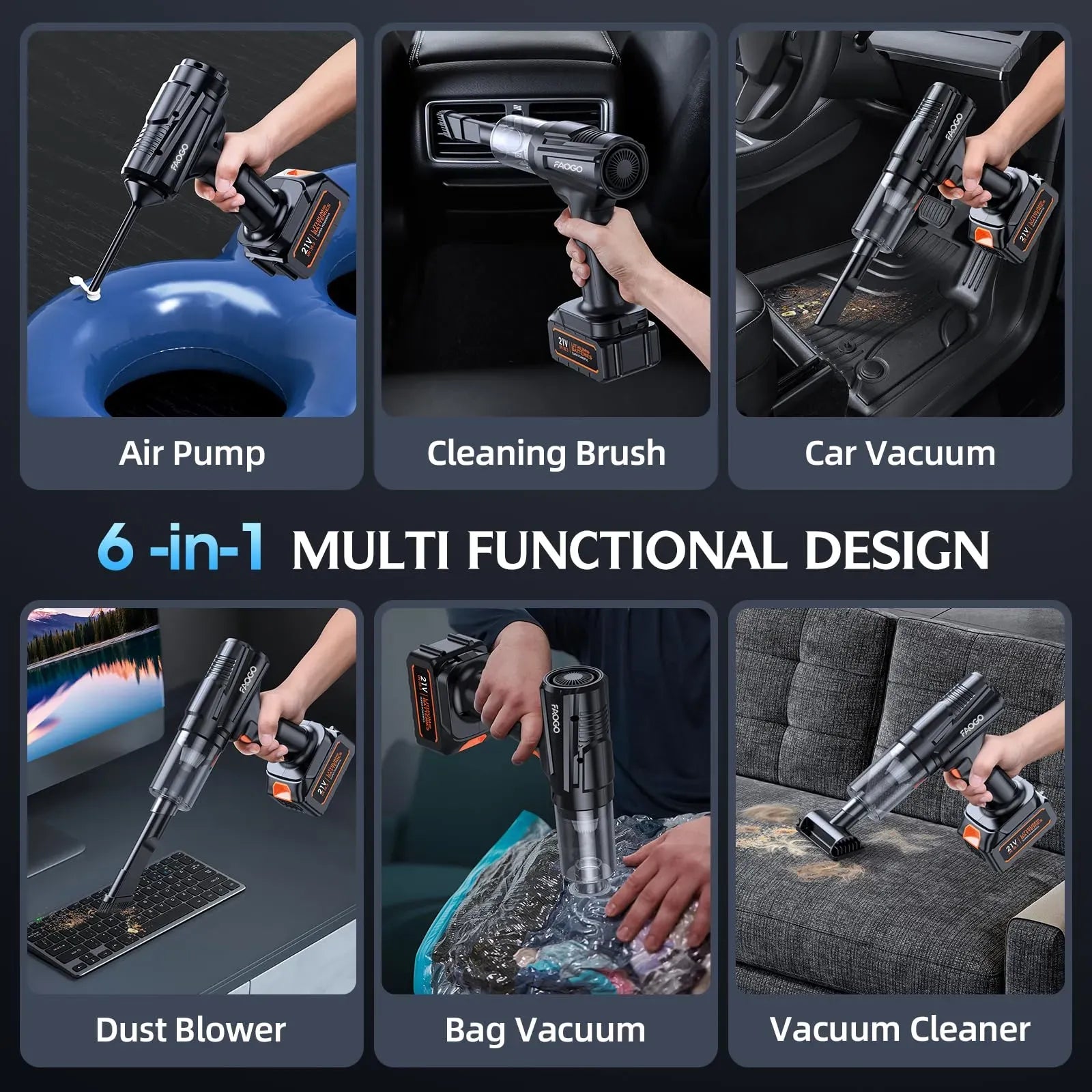 FAOGO 6-in-1 cordless tool. Multifunctional design for air pump, car vacuum, cleaning brush, dust blower, and bag vacuuming.