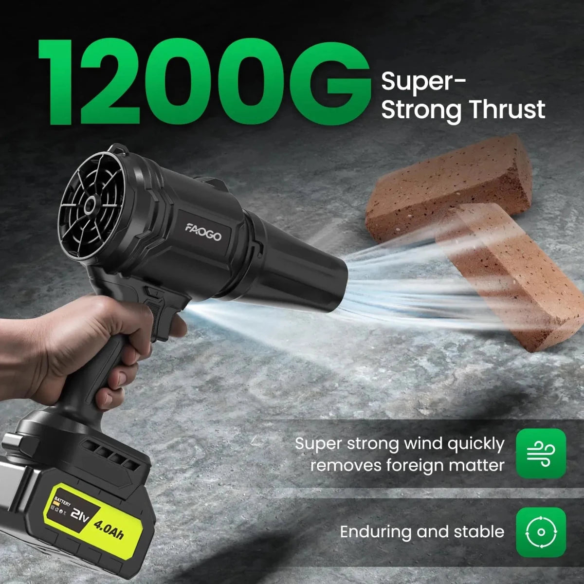 FAOGO black cordless air duster clearing concrete. Showing 1200G super-strong thrust and 21V 4.0Ah battery blowing bricks.