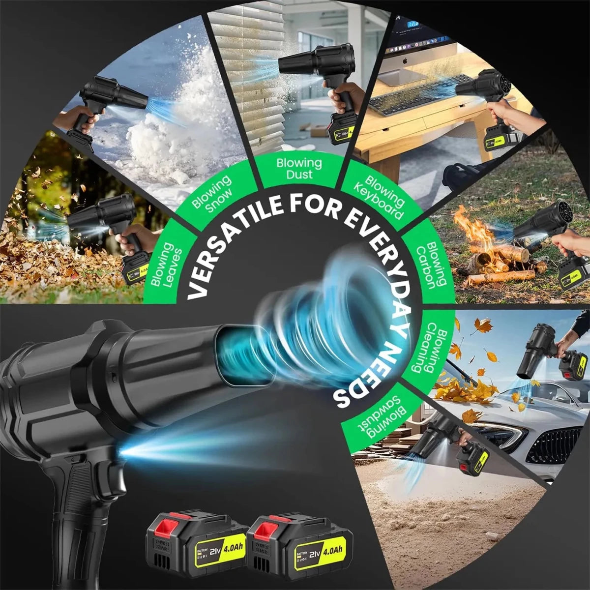 Versatile FAOGO black cordless air blower with 4Ah battery. Multi-purpose duster for snow, keyboard, and car cleaning.