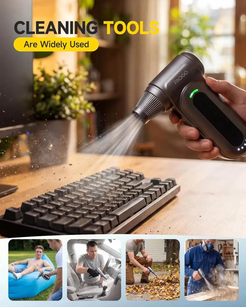 FAOGO cordless handheld vacuum cleaning dust from window blinds. Using soft brush attachment for delicate home surfaces.