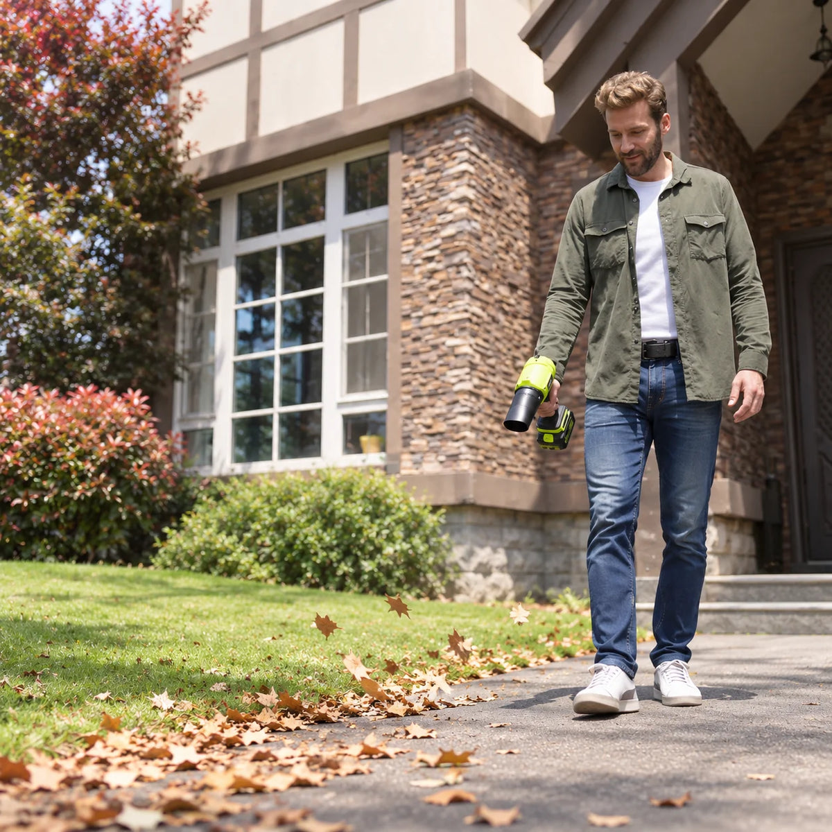 Man clearing fallen leaves beside a home with a FAOGO cordless blower