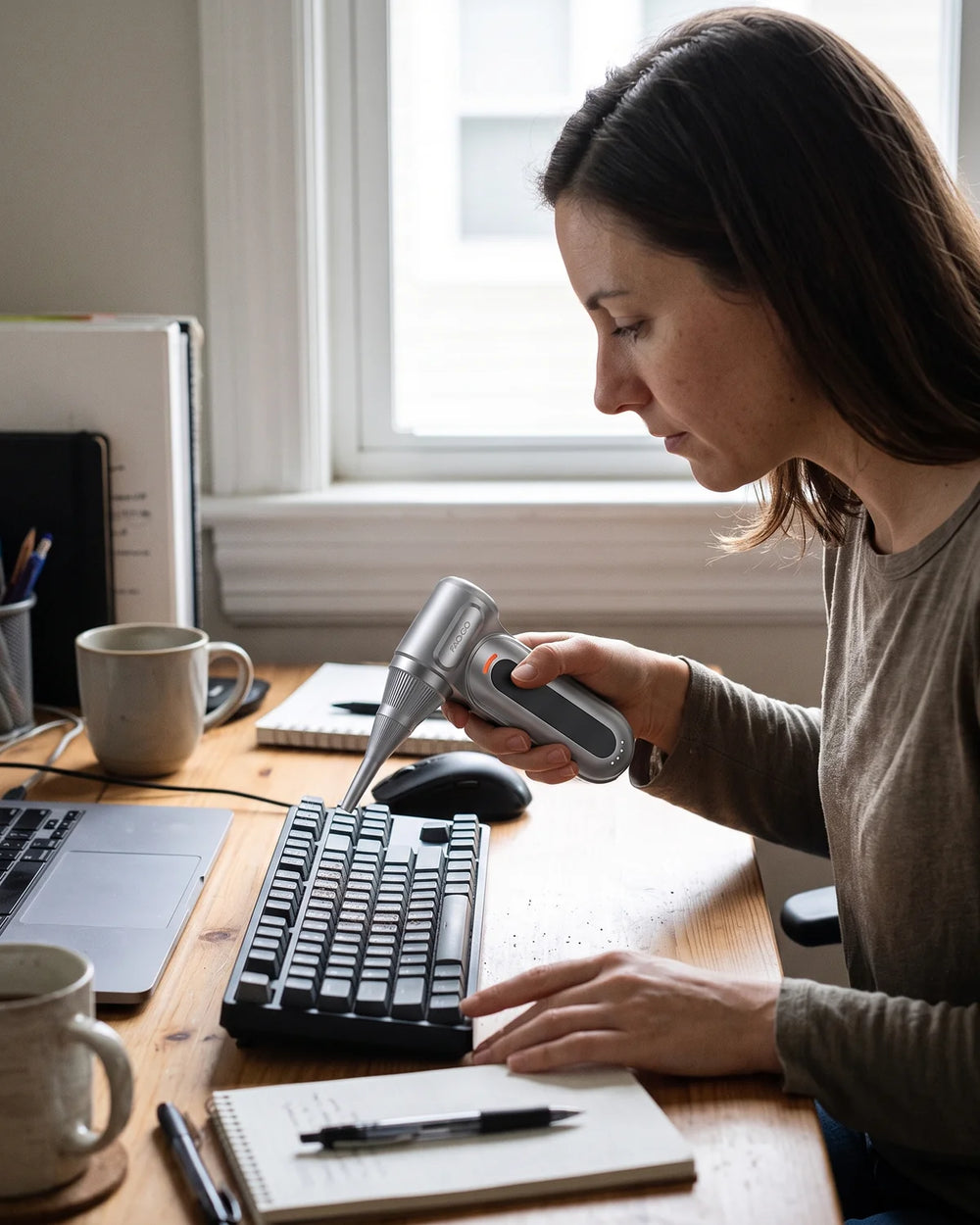 Woman using a FAOGO electric air duster to clean a keyboard