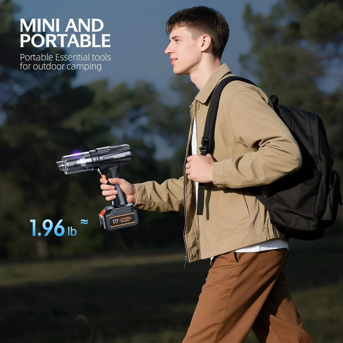 Mini FAOGO handheld vacuum for outdoor camping. Lightweight 1.96 lb portable essential tool for cleaning tents and gear.