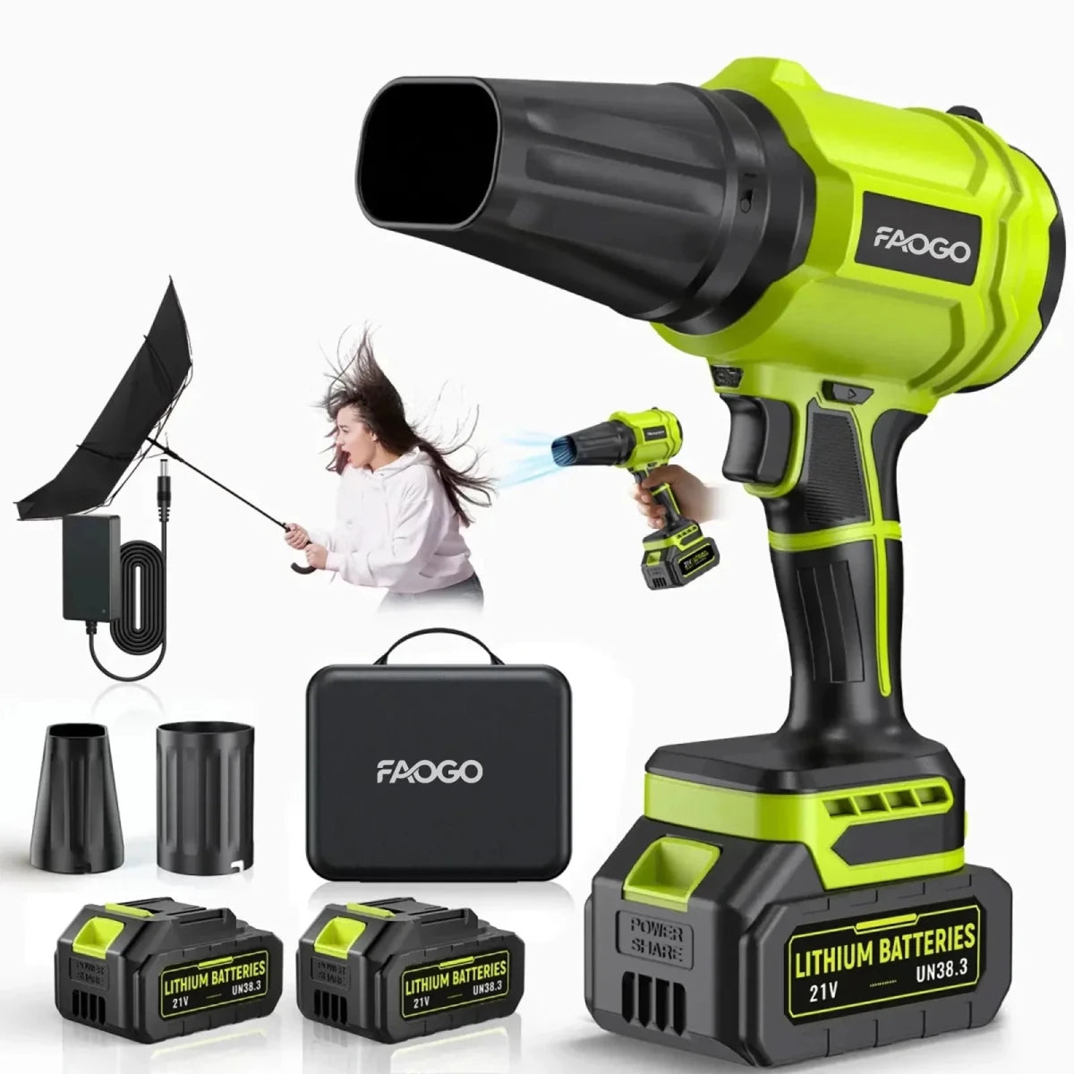 FAOGO neon green cordless leaf blower kit. Complete air duster set with 2 batteries, case, and powerful wind demonstration.
