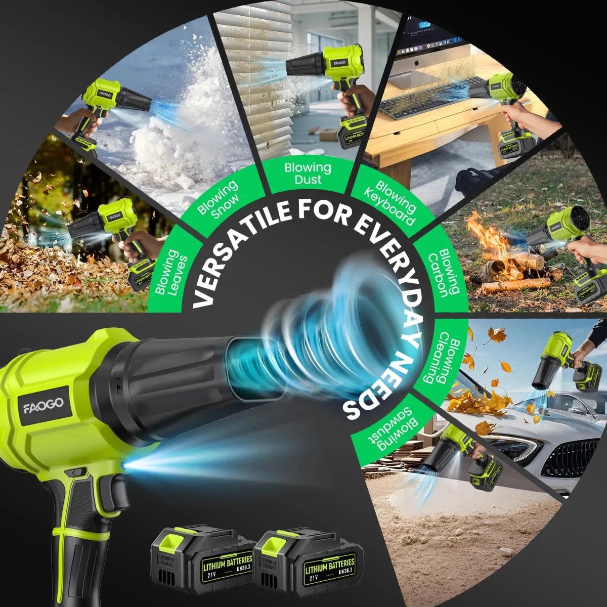 Versatile FAOGO neon green cordless air blower. Multi-purpose 21V duster for leaves, snow, keyboards, and car cleaning.