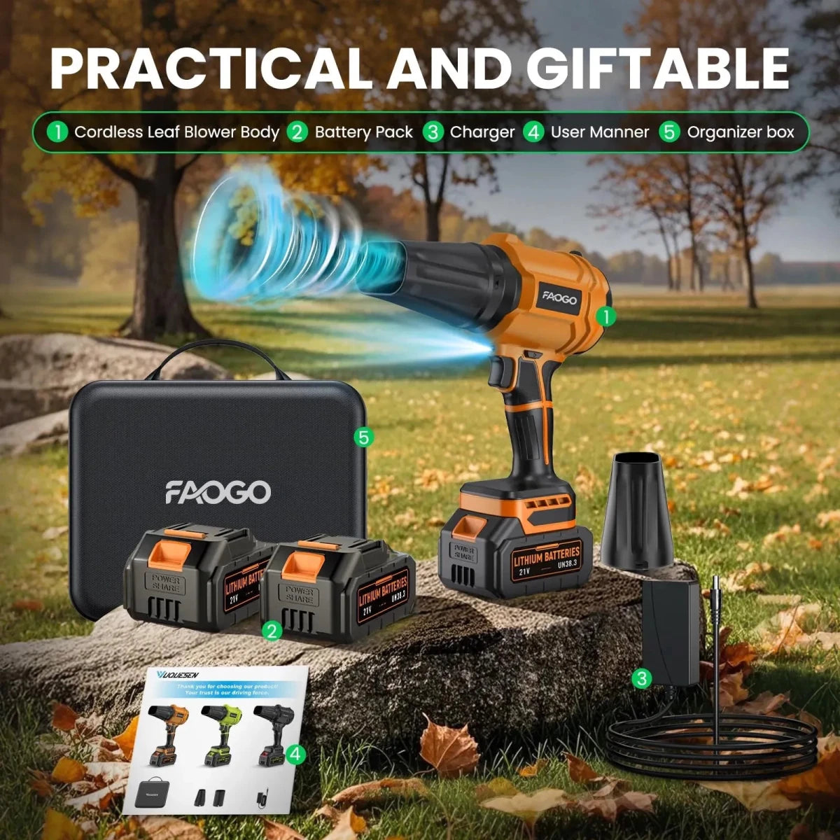Practical FAOGO cordless leaf blower gift set. Complete outdoor kit with 2 batteries, charger, manual, and organizer box.