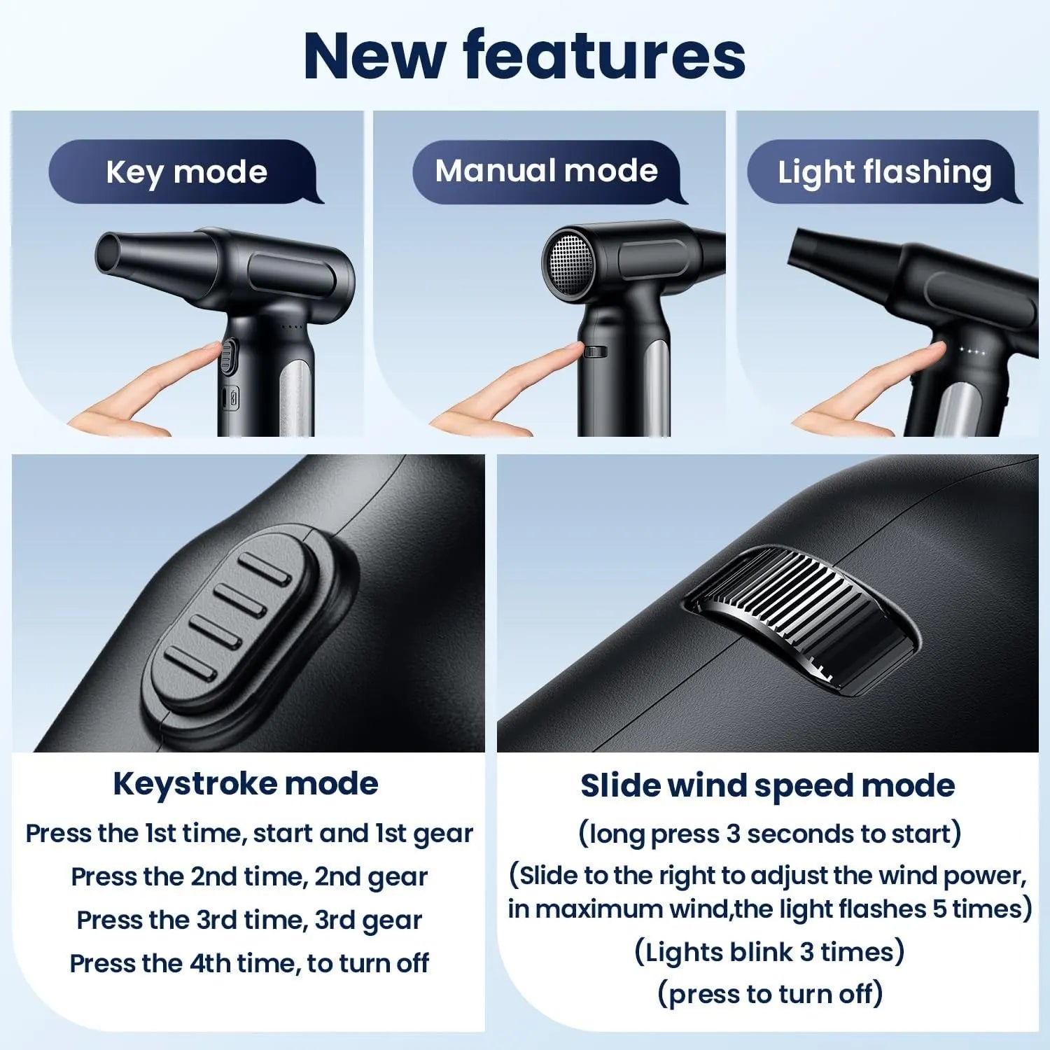 cordless air duster modes - key mode, manual mode, slide wind speed, light flashing for 170,000 RPM rechargeable blower