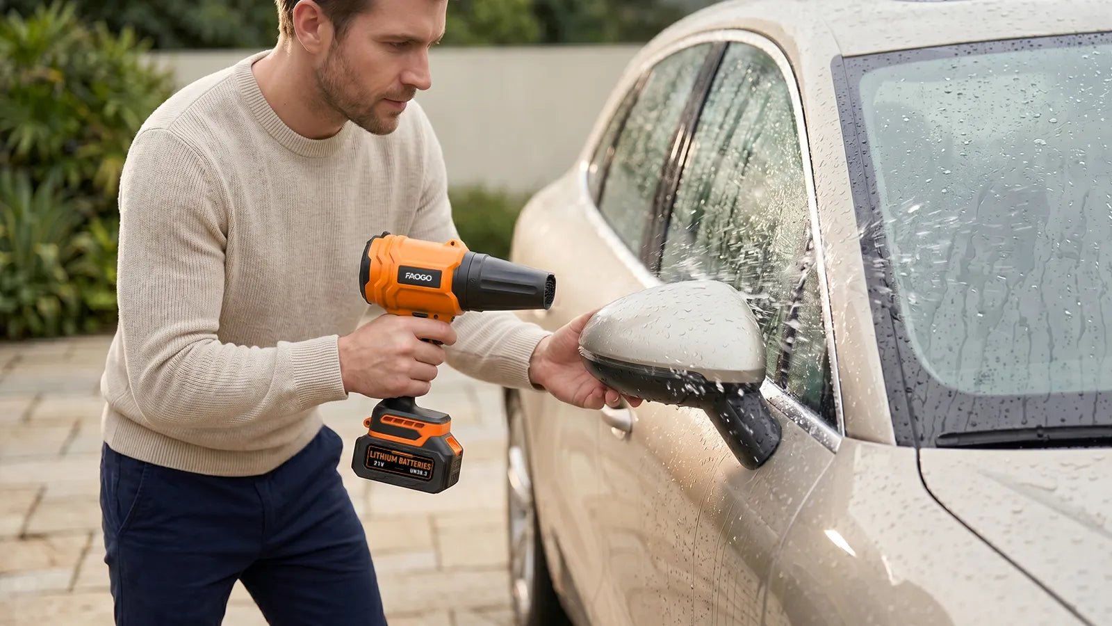 Man drying car side mirror and window with FAOGO orange cordless air blower after washing