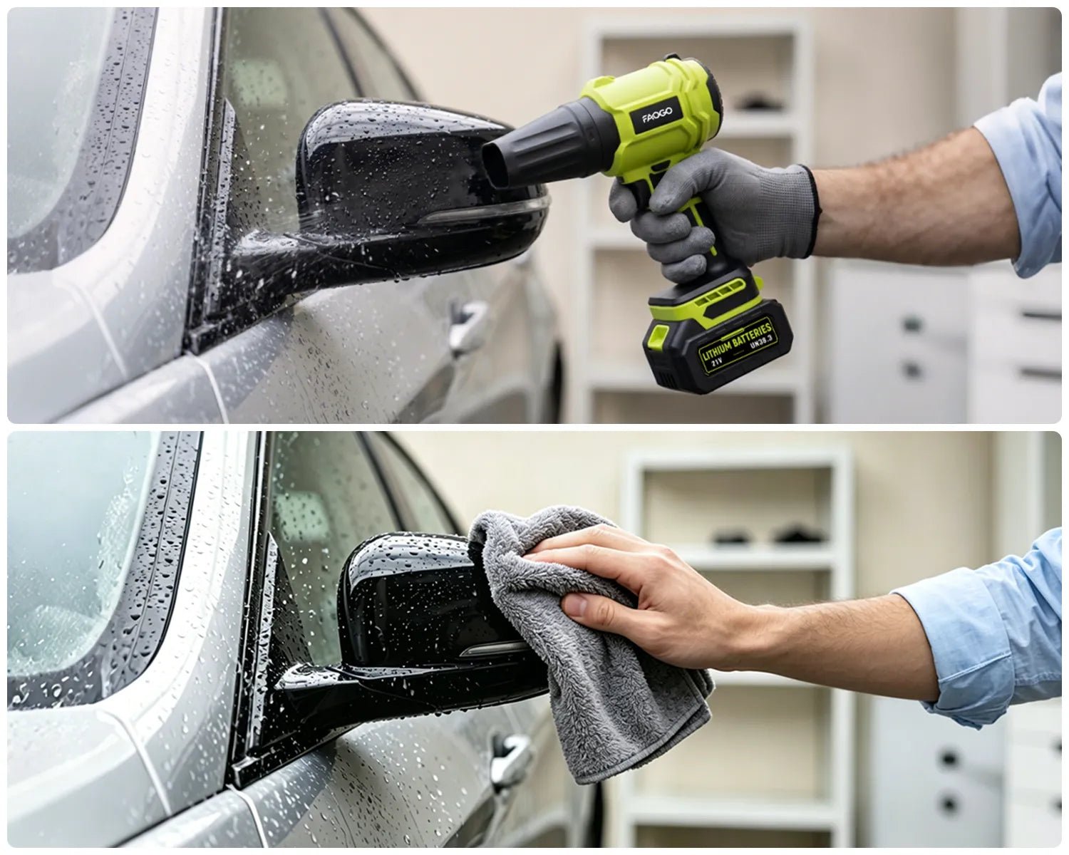 FAOGO cordless car dryer blower vs microfiber towel drying wet side mirror, auto detailing