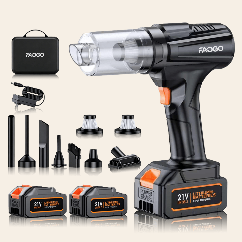 FAOGO 21V cordless vacuum kit on white background. Includes handheld unit, three batteries, charger, and seven attachments.