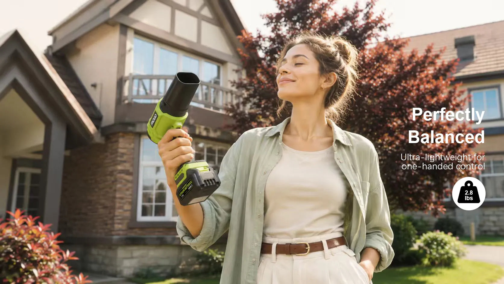FAOGO 2.8lbs ergonomic cordless blower. Ultra-lightweight balanced one-handed yard sweeper, ideal for women and seniors.