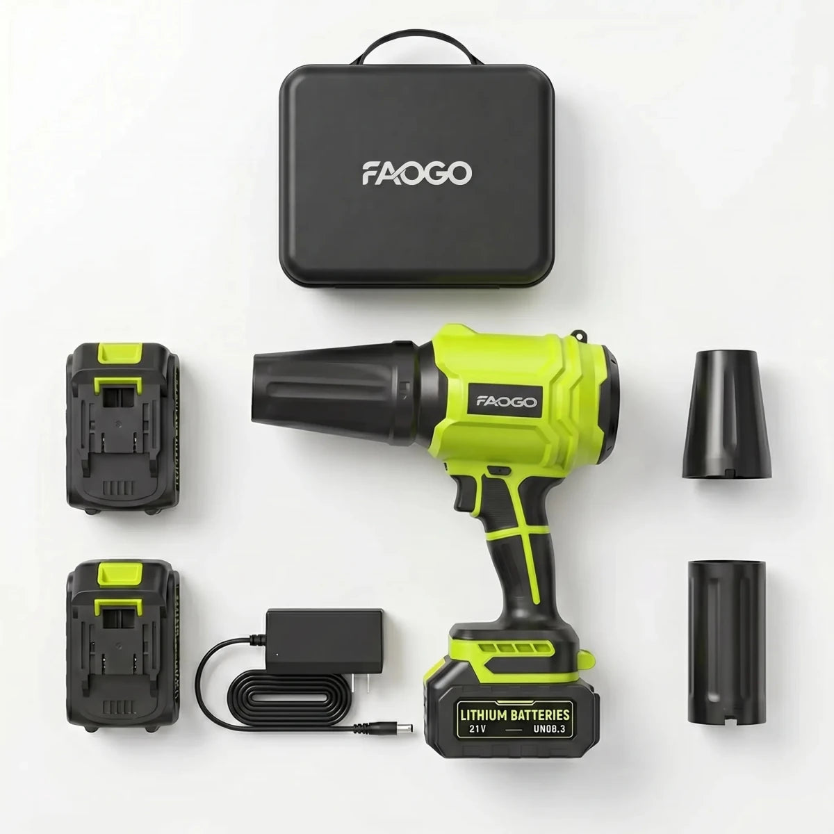 FAOGO neon green cordless leaf blower kit. Complete air duster set with 2 batteries, case, and powerful wind demonstration. #color_green