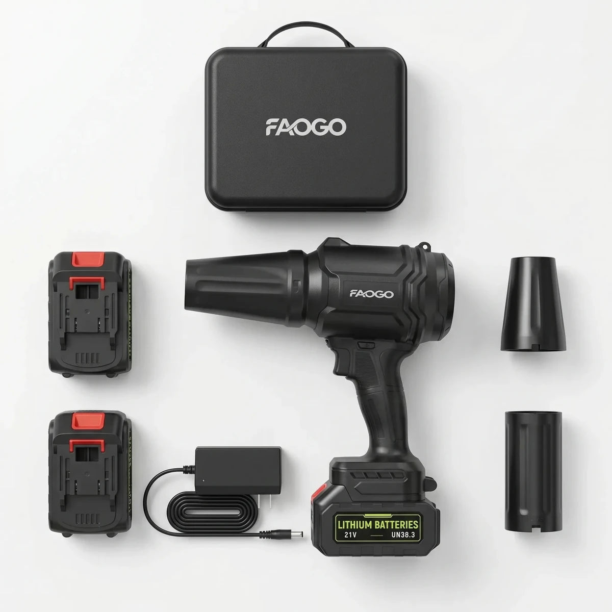 FAOGO black cordless leaf blower kit. Complete air duster set with 2 batteries, case, and powerful wind demonstration. 