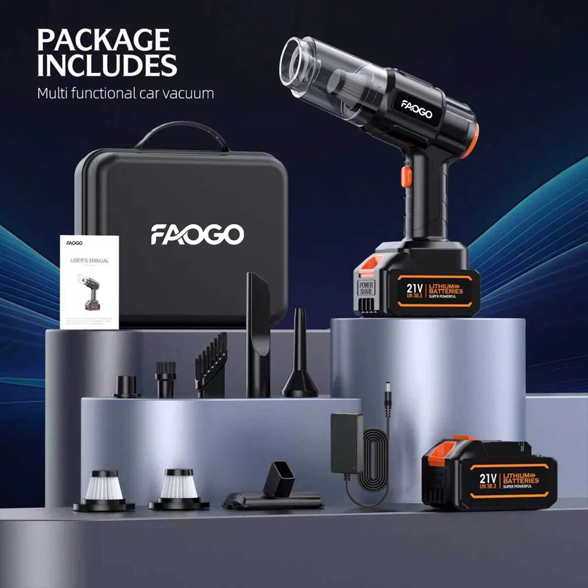 FAOGO complete multi-functional car vacuum kit includes 21V handheld unit, dual batteries, storage case, and varied nozzle accessories.