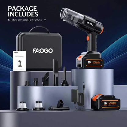 FAOGO complete multi-functional car vacuum kit includes 21V handheld unit, dual batteries, storage case, and varied nozzle accessories.