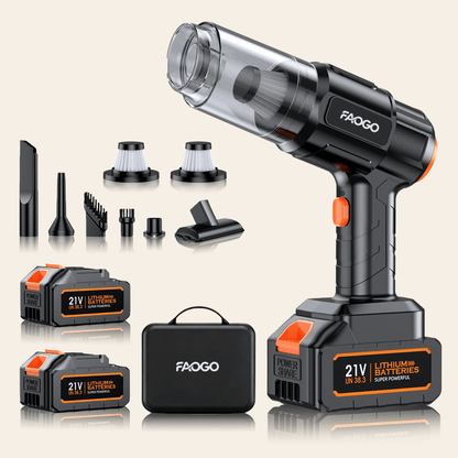 FAOGO 21V powerful cordless handheld vacuum and blower kit with dual batteries and full accessories.
