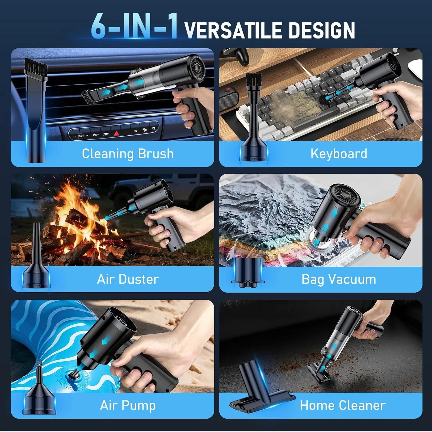 6-in-1 cordless vacuum cleaner accessories for car and home cleaning