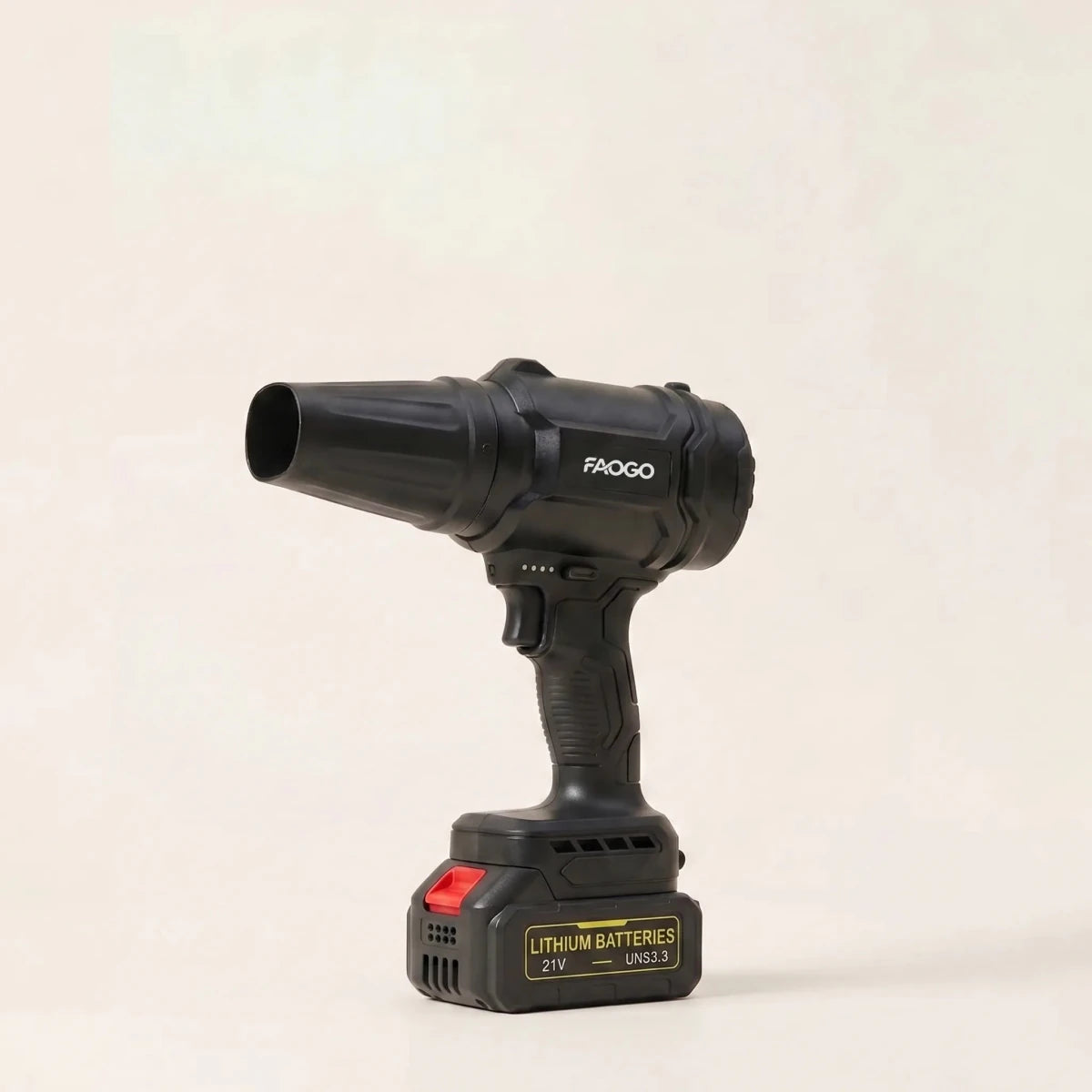 Sleek FAOGO black cordless leaf blower on white background. 21V battery powered air duster for garage and yard. 