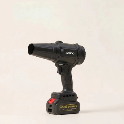 Sleek FAOGO black cordless leaf blower on white background. 21V battery powered air duster for garage and yard. 