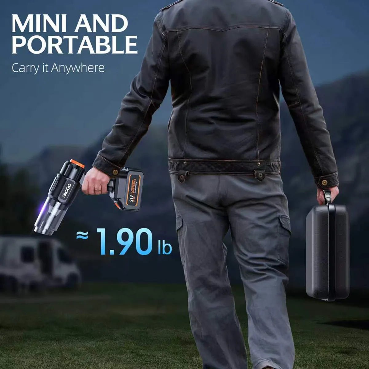 FAOGO super-lightweight 1.90 lb portable car vacuum for travel.