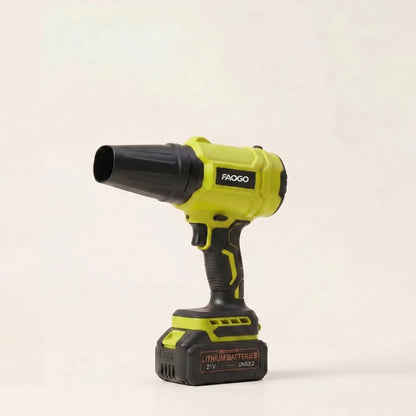 FAOGO 21V cordless leaf blower in neon green. High-visibility battery powered air duster for yard and shop cleaning. 