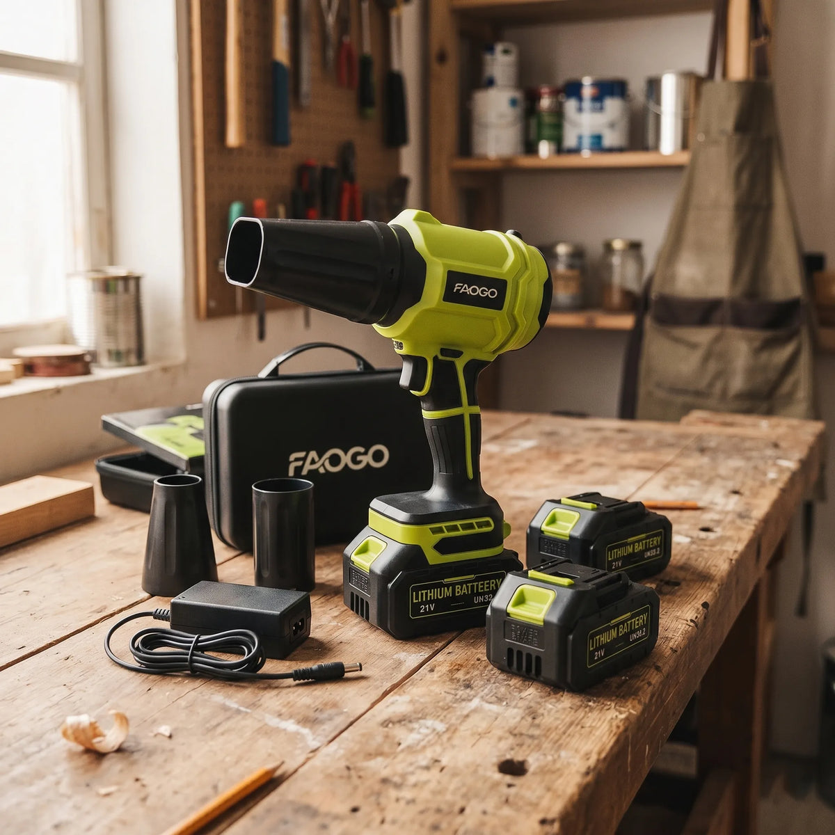 FAOGO portable blower tool setup on a wooden workbench