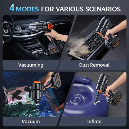 FAOGO 4-in-1 cordless car vacuum demonstrating vacuuming, dust removal, storage bag vacuum, and inflating modes.
