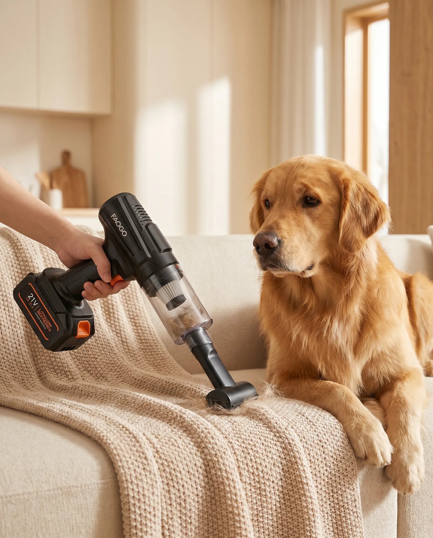 FAOGO 21V cordless dog hair vacuum cleaning shedding from a fabric couch. Portable pet upholstery hair remover tool.
