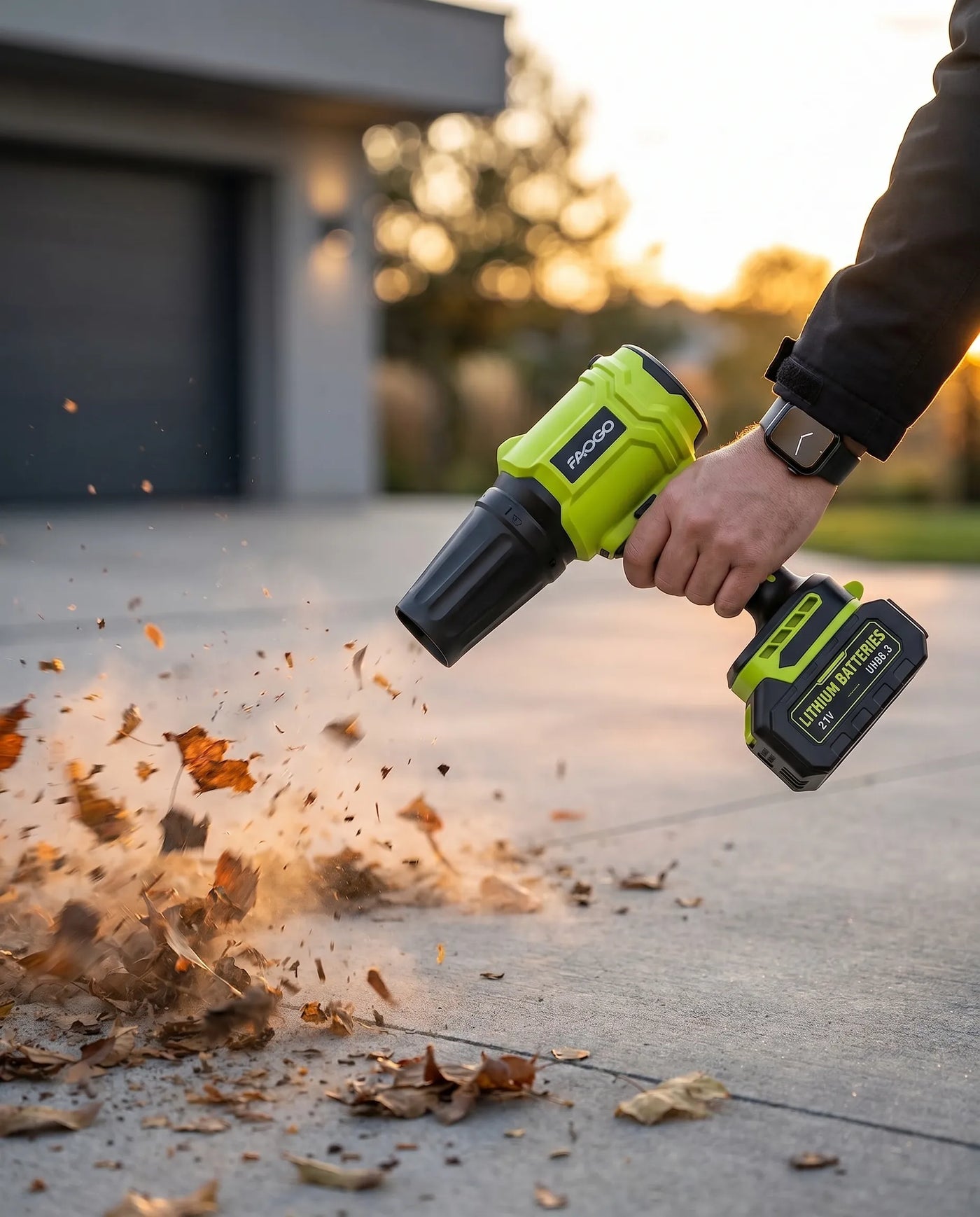 FAOGO 21V cordless mini leaf blower clearing leaves from a concrete driveway. Lightweight battery powered patio sweeper.