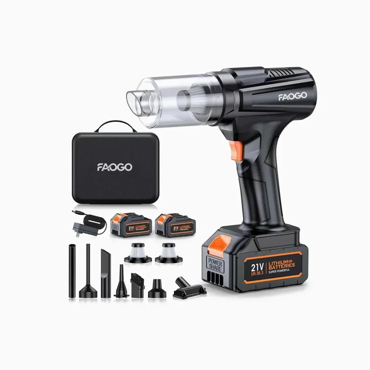FAOGO 21V cordless vacuum kit on white background. Includes handheld unit, three batteries, charger, and seven attachments.