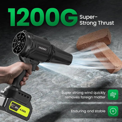 FAOGO black cordless air duster clearing concrete. Showing 1200G super-strong thrust and 21V 4.0Ah battery blowing bricks. 