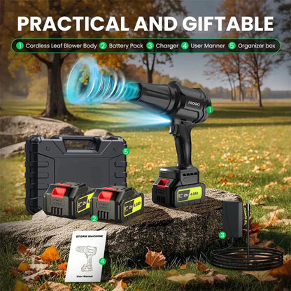 Practical FAOGO black cordless leaf blower gift set. Complete 4.0Ah battery kit with charger, manual, and organizer box. 
