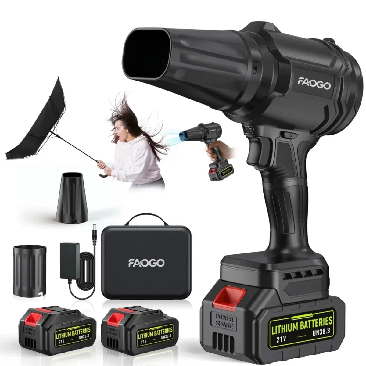 FAOGO black cordless leaf blower kit. Complete air duster set with 2 batteries, case, and powerful wind demonstration. 
