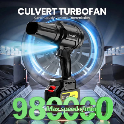 FAOGO black Culvert Turbofan cordless leaf blower. Features variable speed, 980000 RPM, and a 21V 4.0Ah battery. 