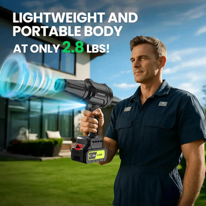 Man holding FAOGO black lightweight cordless leaf blower. Showcasing portable 2.8 lbs design and 4.0Ah battery. 