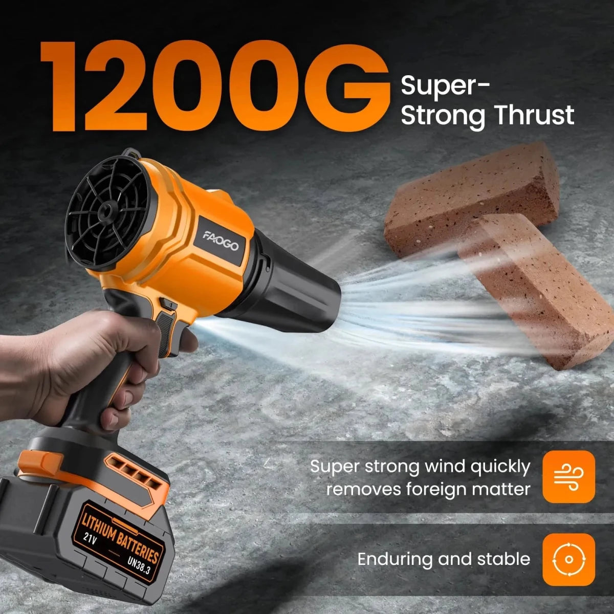 FAOGO heavy-duty cordless air duster clearing concrete. Demonstrating 1200G super-strong thrust by blowing heavy brick debris