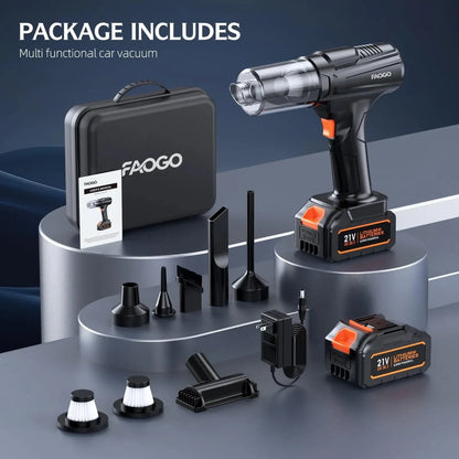FAOGO 21V cordless car vacuum kit including two batteries, charger, HEPA filters, multiple nozzles, and a black carrying case.